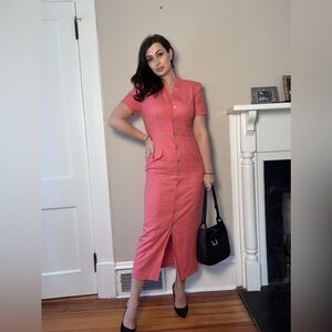 Maggy London Linen Midi Dress Pink Button Front Sheath Vintage Tailored Size 10